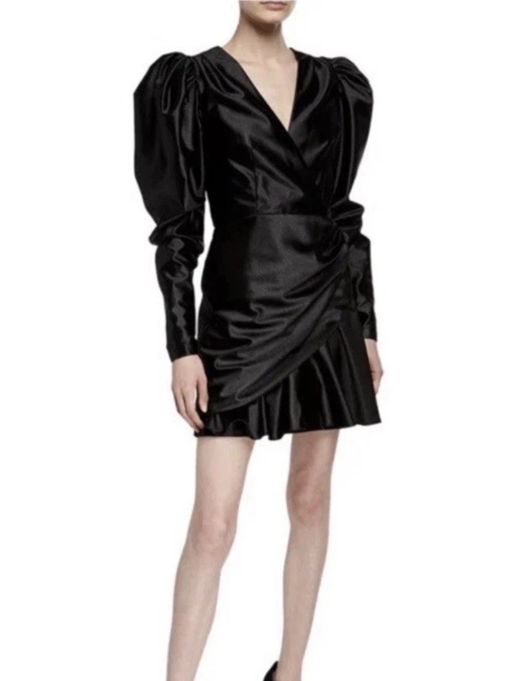 ROTATE Birger Christensen Kim No 24 Satin Mini Dress Sz 6 Black Puff Sleeve